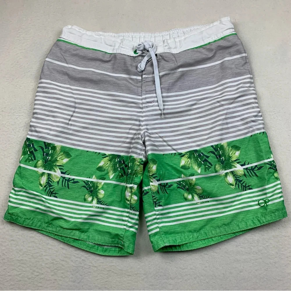 OP Ocean Pacific Swim Trunks Mens Large Gray Green Floral Striped Polyester